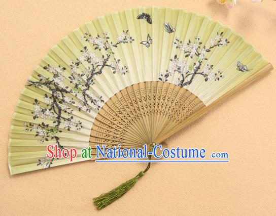 Chinese Traditional Folding Fans Classical Printing Flowers Green Accordion Silk Fans for Women