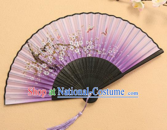 Chinese Traditional Folding Fans Classical Printing Flowers Purple Accordion Silk Fans for Women