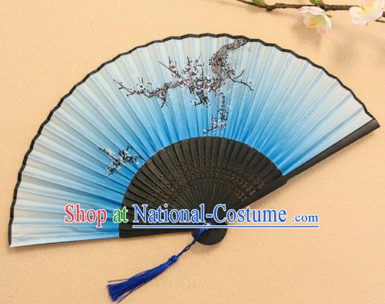 Chinese Traditional Folding Fans Classical Printing Plum Blossom Blue Accordion Silk Fans for Women