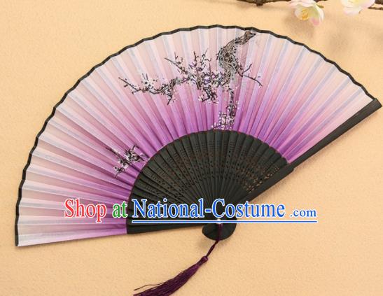 Chinese Traditional Folding Fans Classical Printing Plum Blossom Purple Accordion Silk Fans for Women