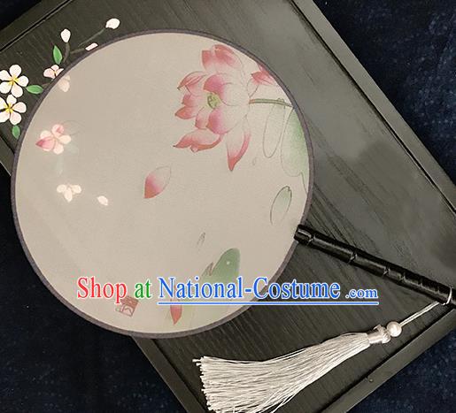 Chinese Traditional Printing Lotus Silk Round Fans Classical Hanfu Palace Fans for Women