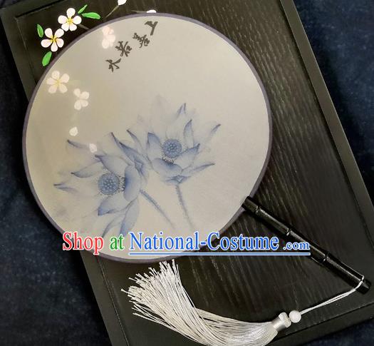 Chinese Traditional Printing Blue Lotus Silk Round Fans Classical Hanfu Palace Fans for Women