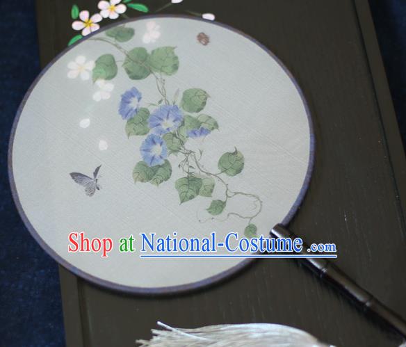 Chinese Traditional Printing Blue Petunia Silk Round Fans Classical Hanfu Palace Fans for Women