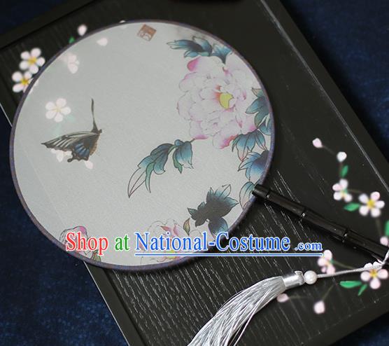 Chinese Traditional Printing Peony Butterfly Silk Round Fans Classical Hanfu Palace Fans for Women