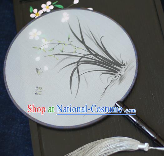 Chinese Traditional Printing Orchid Silk Round Fans Classical Hanfu Palace Fans for Women