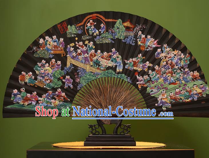 Chinese Traditional Handmade Bamboo Fans Classical Printing Hundred Children Folding Fans for Men