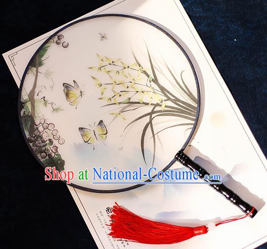 Chinese Traditional Printing Grape Orchid Silk Round Fans Handmade Classical Palace Fans for Women