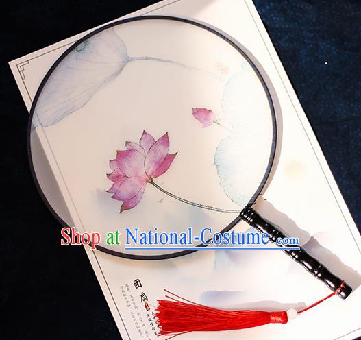 Chinese Traditional Printing Lotus Silk Round Fans Handmade Classical Palace Fans for Women