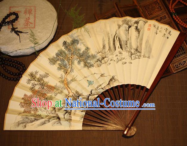 Chinese Traditional Handmade Printing Pine Xuan Paper Fans Classical Rosewood Folding Fans for Men