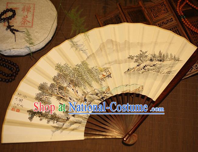 Chinese Traditional Handmade Printing Xuan Paper Fans Classical Rosewood Folding Fans for Men