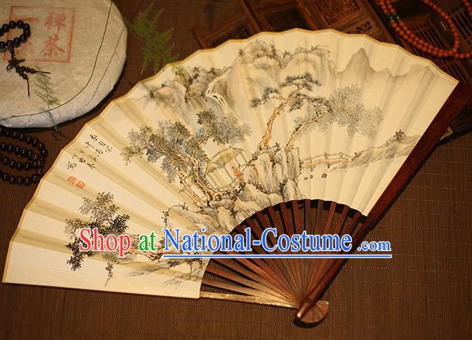 Chinese Traditional Handmade Printing Stone Pine Xuan Paper Fans Classical Rosewood Folding Fans for Men