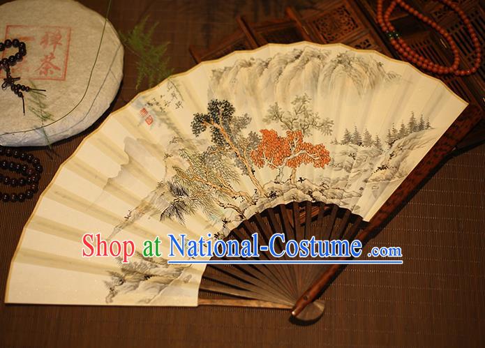 Chinese Traditional Handmade Printing Landscape Xuan Paper Fans Classical Rosewood Folding Fans for Men