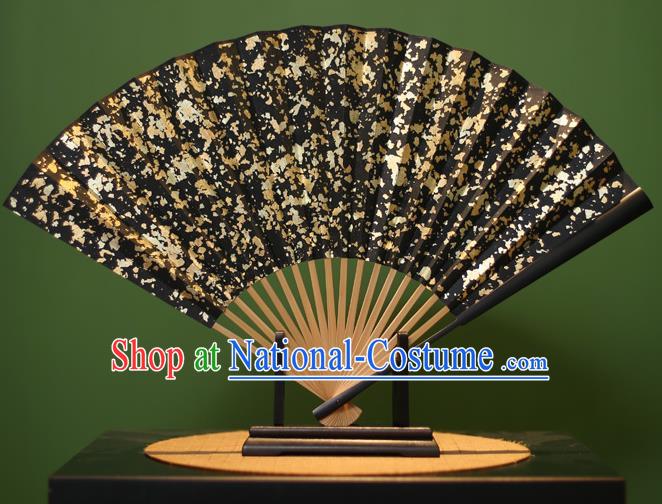 Chinese Traditional Handmade Golden Sequins Black Xuan Paper Fans Classical Folding Fans for Men