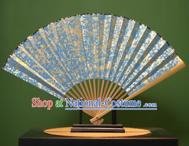 Chinese Traditional Handmade Sequins Blue Xuan Paper Fans Classical Folding Fans for Men