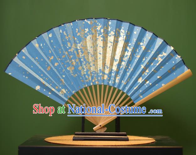 Chinese Traditional Handmade Blue Xuan Paper Fans Classical Sequins Folding Fans for Men