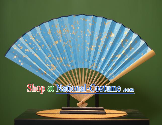 Chinese Traditional Handmade Xuan Paper Fans Classical Blue Folding Fans for Men