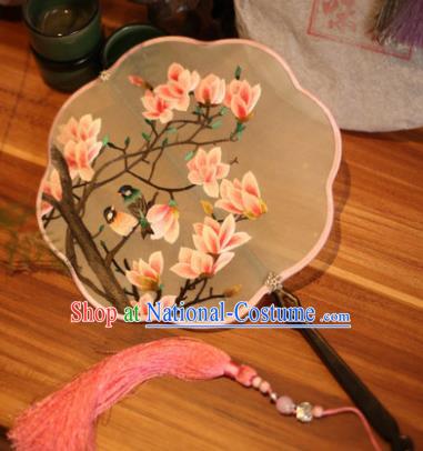 Chinese Traditional Handmade Embroidered Red Magnolia Silk Fans Classical Palace Fans for Women