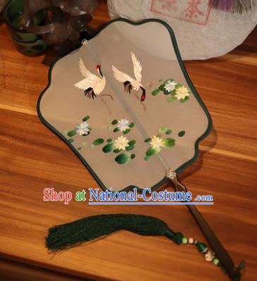 Handmade Chinese Traditional Embroidered Lotus Cranes Silk Fans Classical Palace Fans for Women