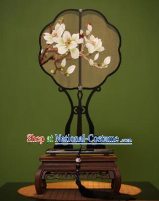 Handmade Chinese Traditional Embroidered White Magnolia Silk Fans Classical Palace Fans for Women