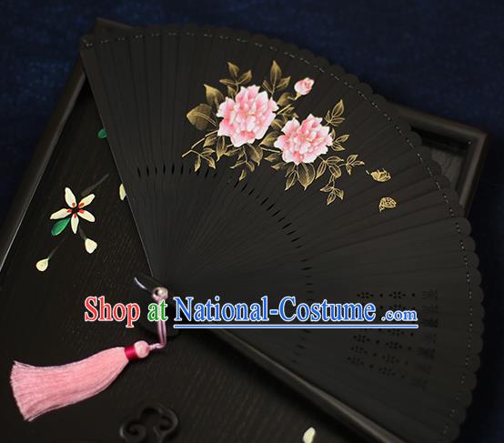 Chinese Handmade Printing Peony Bamboo Fans Classical Accordion Traditional Folding Fans for Women