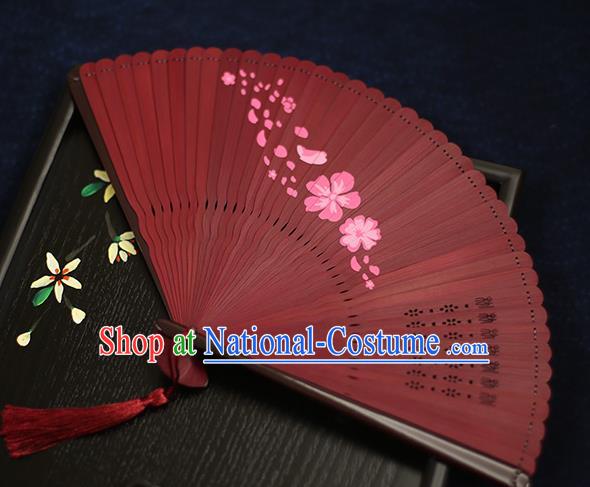 Chinese Handmade Printing Flowers Bamboo Red Fans Classical Accordion Traditional Folding Fans for Women