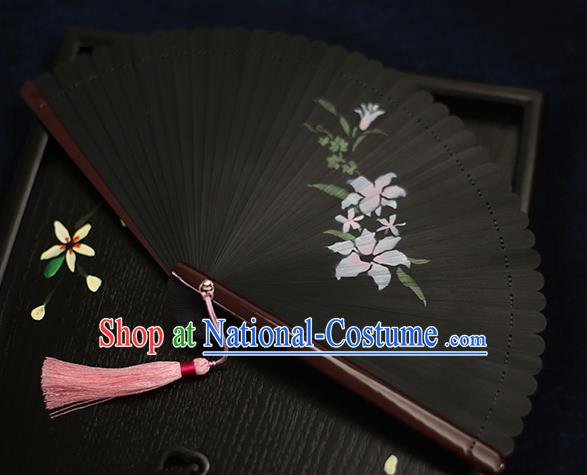 Chinese Handmade Printing Flowers Bamboo Black Fans Classical Accordion Traditional Folding Fans for Women