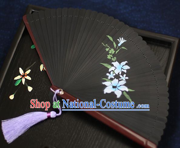 Chinese Handmade Printing Blue Flowers Bamboo Fans Classical Accordion Traditional Folding Fans for Women