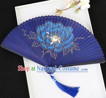 Chinese Handmade Printing Peony Blue Bamboo Fans Classical Accordion Traditional Folding Fans for Women