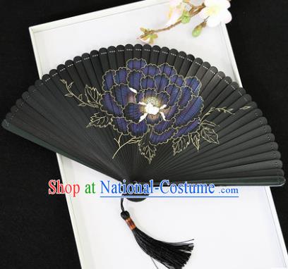 Chinese Handmade Printing Peony Black Bamboo Fans Classical Accordion Traditional Folding Fans for Women