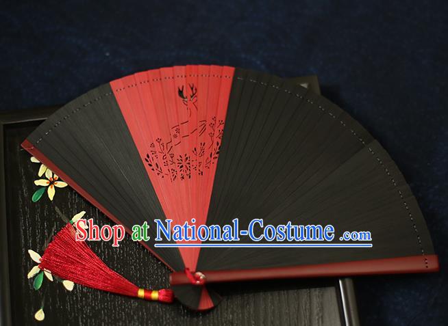 Chinese Handmade Carving Deer Bamboo Fans Classical Accordion Traditional Folding Fans for Women