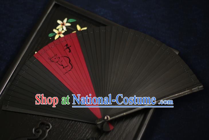 Chinese Handmade Carving Zodiac Rat Bamboo Fans Classical Accordion Traditional Folding Fans for Women