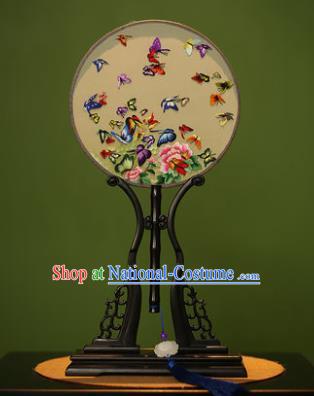 Handmade Chinese Traditional Double Side Silk Round Fan Classical Embroidered Butterfly Peony Palace Fans for Women