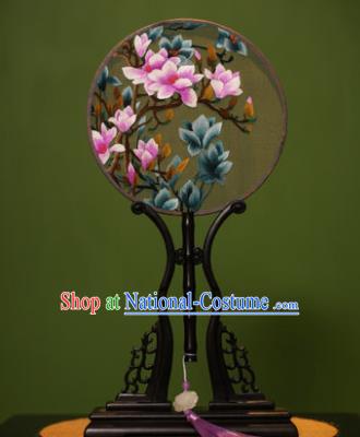 Handmade Chinese Traditional Double Side Silk Round Fan Classical Embroidered Magnolia Palace Fans for Women