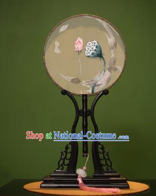 Handmade Chinese Traditional Double Side Silk Round Fan Classical Embroidered Lotus Palace Fans for Women