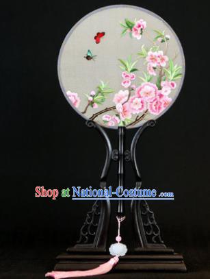 Handmade Chinese Double Side Silk Embroidered Peach Flowers Round Fan Traditional Classical Palace Fans for Women