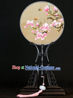 Handmade Chinese Double Side Silk Embroidered Pink Magnolia Round Fan Traditional Classical Palace Fans for Women