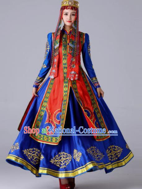 Chinese Traditional Ethnic Princess Costume Mongolian Nationality Folk Dance Blue Dress for Women