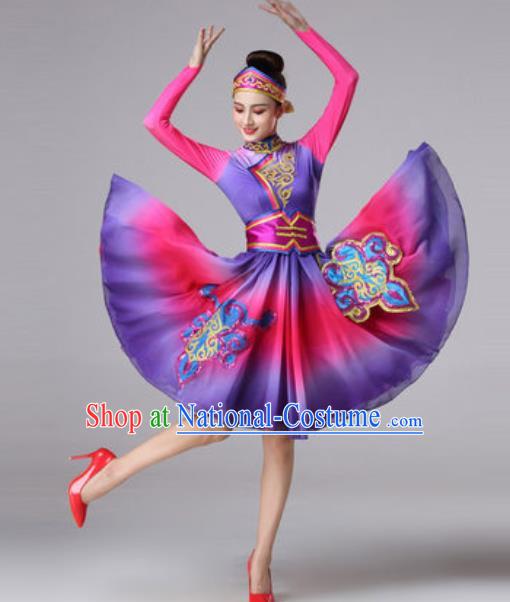 Chinese Traditional Ethnic Princess Costume Mongolian Nationality Folk Dance Purple Short Dress for Women