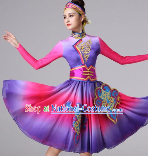 Chinese Traditional Ethnic Princess Costume Mongolian Nationality Folk Dance Purple Short Dress for Women