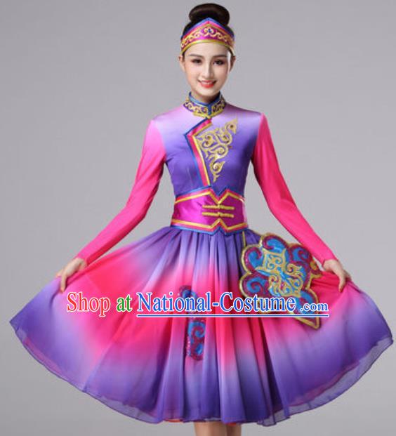 Chinese Traditional Ethnic Princess Costume Mongolian Nationality Folk Dance Purple Short Dress for Women