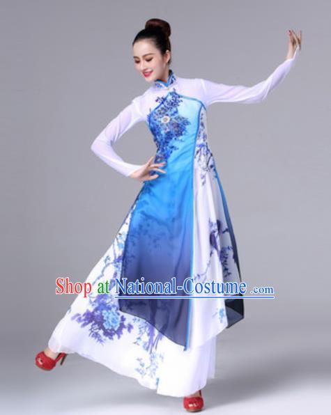 Chinese Traditional Umbrella Dance Costume Classical Dance Stage Performance Blue Dress for Women