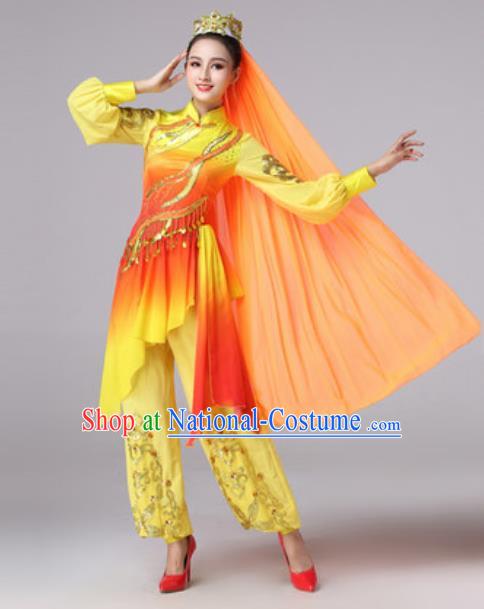 Chinese Traditional Ethnic Princess Costume Uyghur Nationality Folk Dance Yellow Clothing for Women