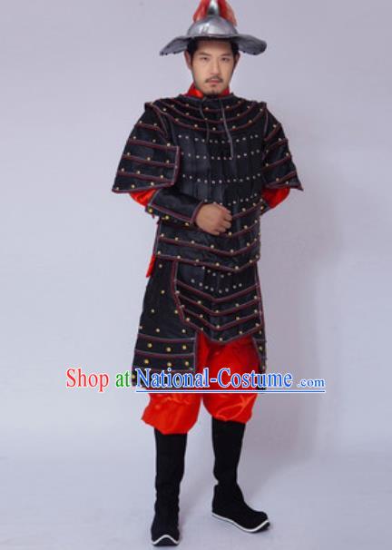 Chinese Ancient Drama Costume Yuan Dynasty General Black Helmet and Armour Complete Set for Men