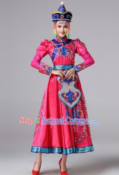 Chinese Traditional Ethnic Princess Costume Mongolian Nationality Folk Dance Rosy Dress for Women