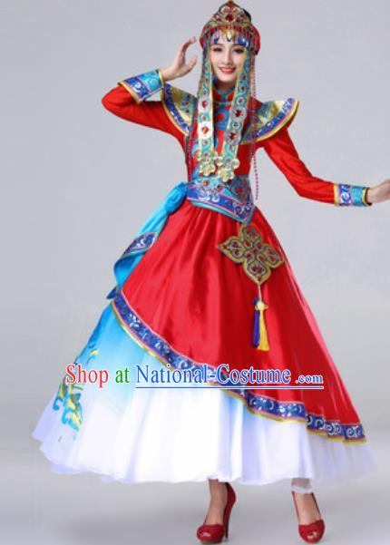 Chinese Traditional Ethnic Costume Mongolian Nationality Princess Folk Dance Red Dress for Women