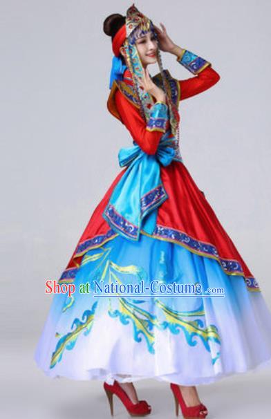 Chinese Traditional Ethnic Costume Mongolian Nationality Princess Folk Dance Red Dress for Women