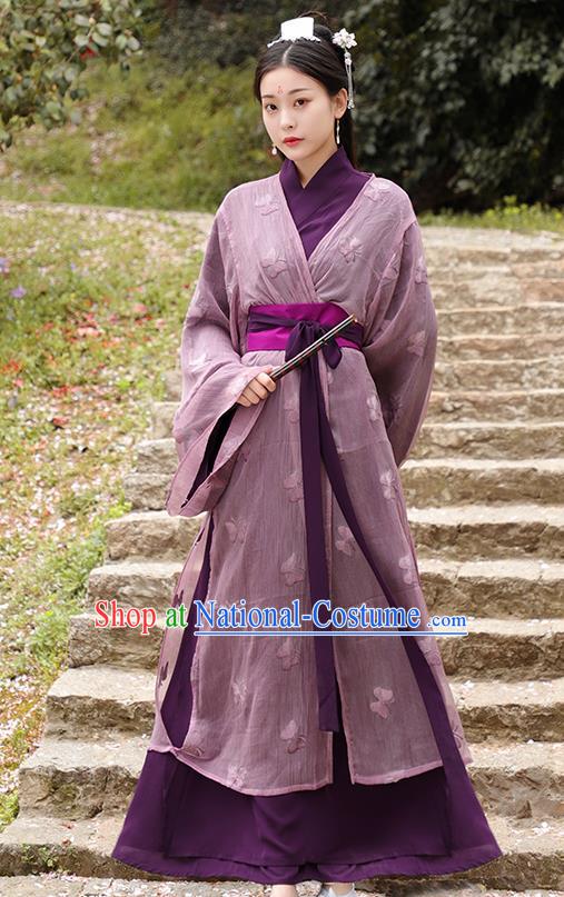 Chinese Ancient Swordswoman Purple Hanfu Dress Jin Dynasty Nobility Lady Princess Historical Costume for Women