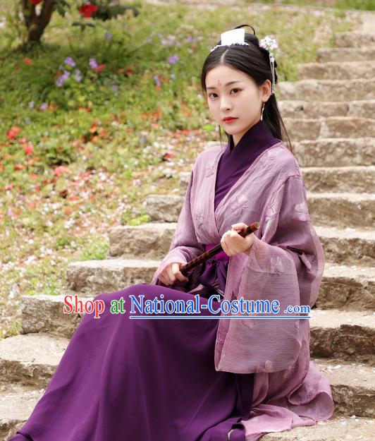 Chinese Ancient Swordswoman Purple Hanfu Dress Jin Dynasty Nobility Lady Princess Historical Costume for Women