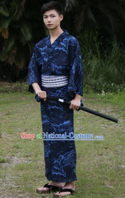 Japanese Traditional Handmade Navy Kimono Robe Asian Japan Warrior Yukata Costume for Men