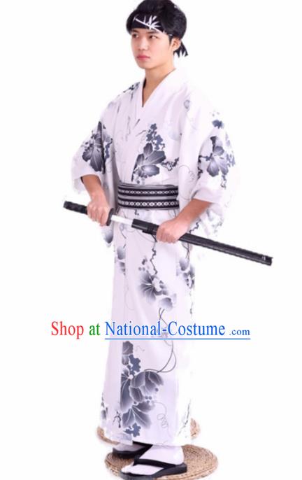 Japanese Traditional Samurai Printing White Kimono Robe Asian Japan Handmade Warrior Yukata Costume for Men